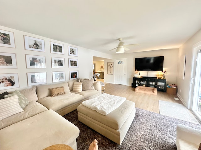 living room featuring hardwood / wood-style floors and ceiling fan