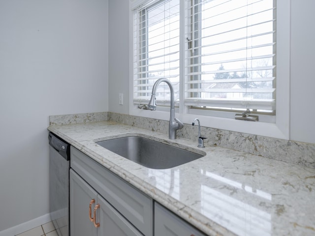 kitchen with light stone counters, sink, a healthy amount of sunlight, and dishwasher