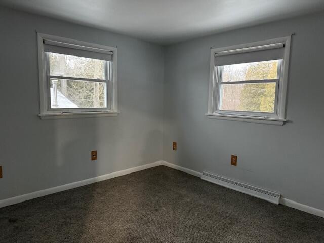 empty room with dark carpet and baseboard heating