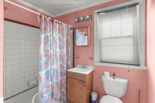 full bathroom with ornamental molding, shower / tub combo with curtain, vanity, and toilet