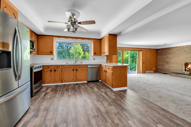 kitchen featuring sink, wood-type flooring, stainless steel appliances, and kitchen peninsula