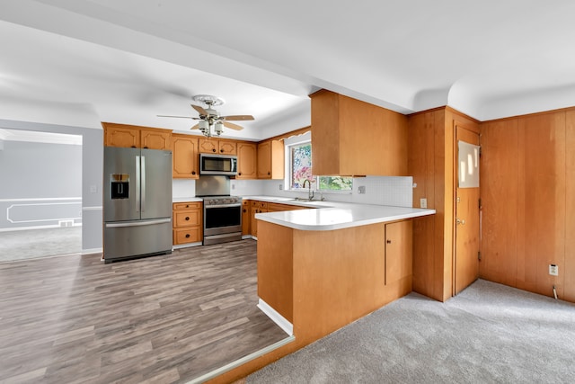 kitchen with stainless steel appliances, sink, ceiling fan, and kitchen peninsula