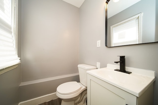 bathroom featuring vanity, toilet, and wood-type flooring