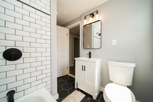 full bathroom with shower / bathtub combination, vanity, toilet, and tile patterned flooring