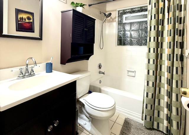 full bathroom with tile patterned flooring, vanity, shower / bath combination with curtain, and toilet