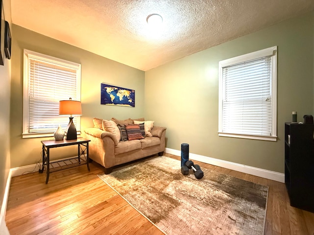 living room with hardwood / wood-style floors and a textured ceiling