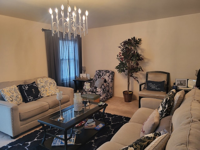 carpeted living room featuring a chandelier