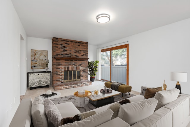 living area with carpet floors, baseboards, and a fireplace