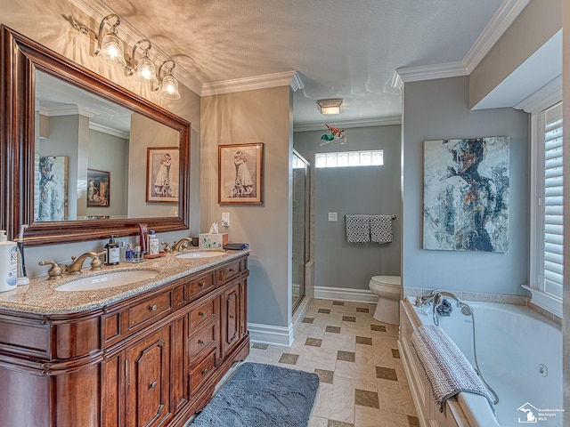 full bathroom featuring toilet, crown molding, shower with separate bathtub, a textured ceiling, and vanity