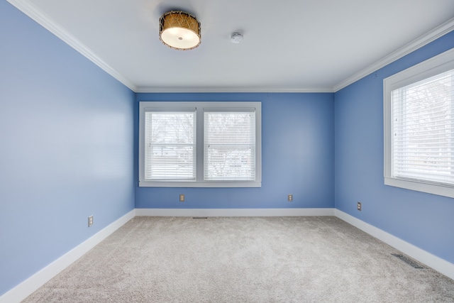 empty room with crown molding and light colored carpet