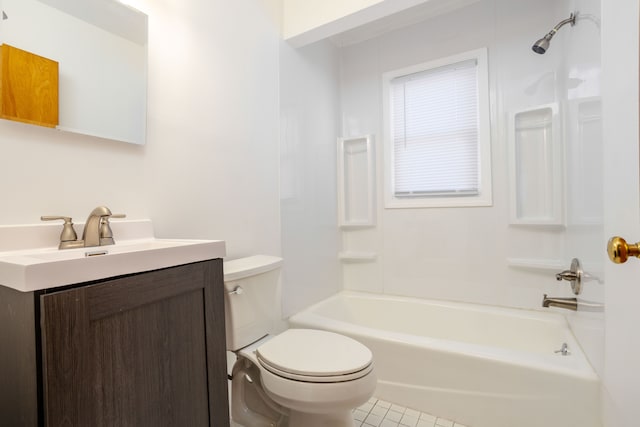 full bathroom featuring tile patterned flooring, vanity, toilet, and washtub / shower combination