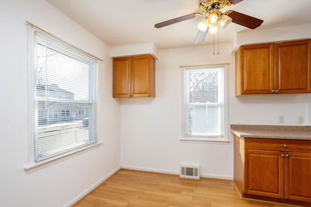 kitchen with ceiling fan, a healthy amount of sunlight, and light wood-type flooring