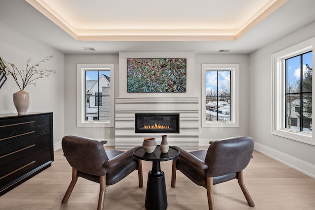 living area featuring a tray ceiling and light wood-type flooring