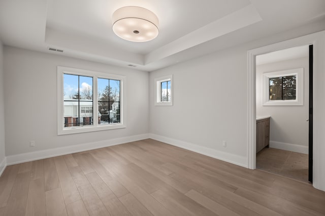 spare room with a raised ceiling and light hardwood / wood-style flooring