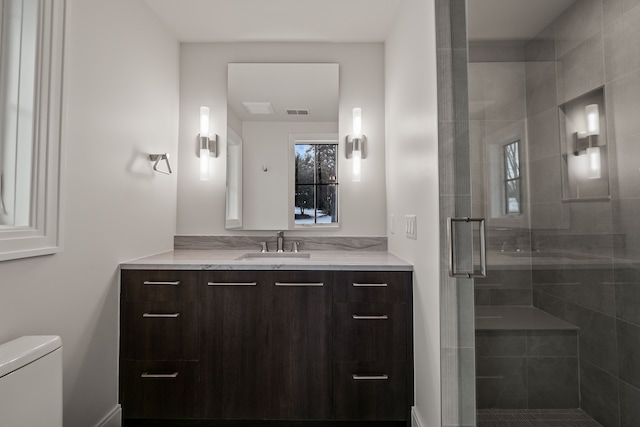 bathroom with vanity, toilet, and walk in shower