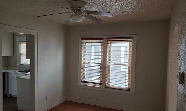 interior space featuring sink, a textured ceiling, and ceiling fan