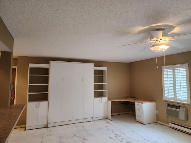 unfurnished office featuring a baseboard radiator, a wall mounted AC, a textured ceiling, and ceiling fan