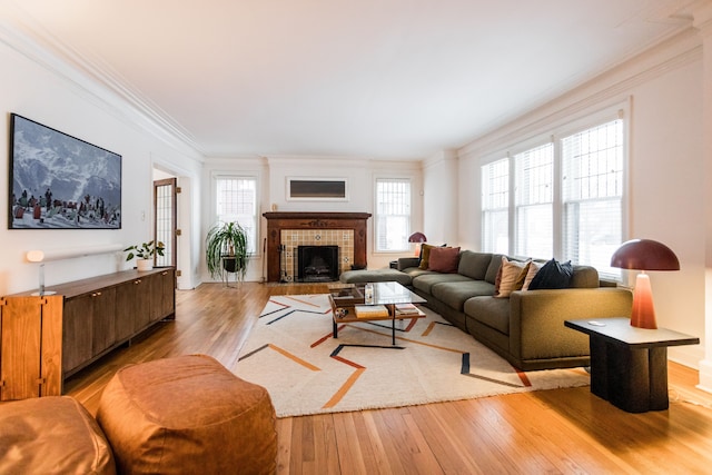 living room with ornamental molding, a fireplace, and light hardwood / wood-style floors