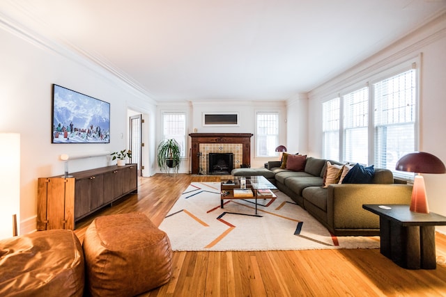 living room featuring a tile fireplace, crown molding, and light hardwood / wood-style flooring