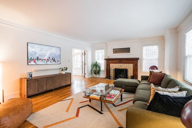 living room with crown molding, a fireplace, and light hardwood / wood-style flooring