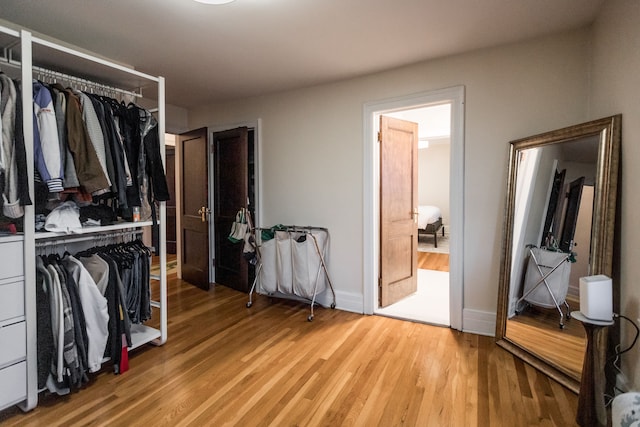 walk in closet with hardwood / wood-style flooring