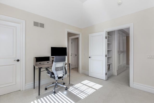 home office with light carpet