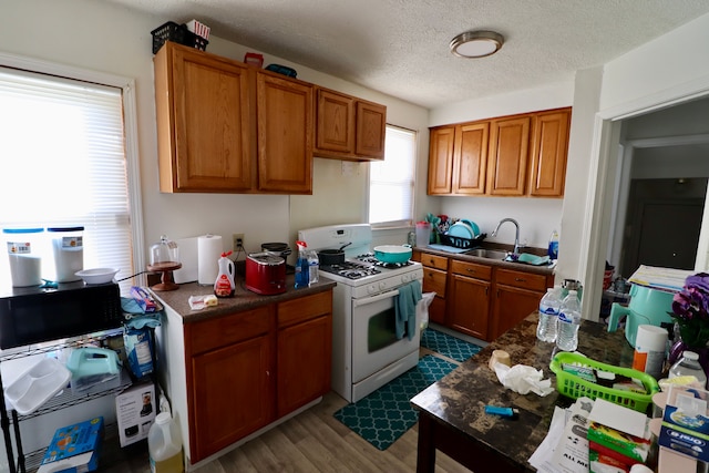 kitchen featuring sink, hardwood / wood-style flooring, a textured ceiling, and white range with gas stovetop