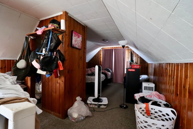 bonus room featuring lofted ceiling, wooden walls, and carpet floors