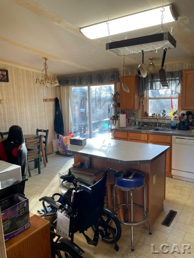 kitchen featuring white dishwasher, sink, and pendant lighting