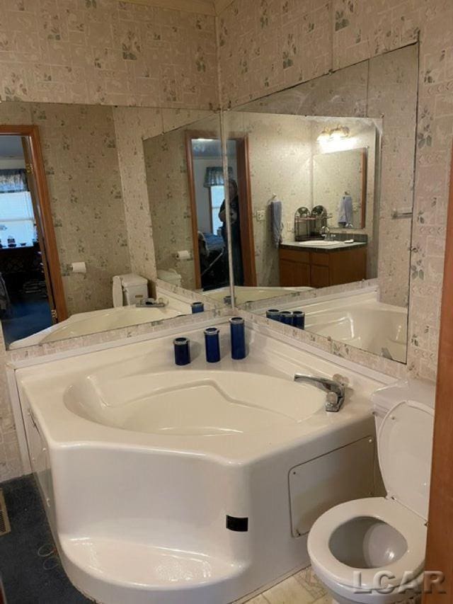 bathroom with vanity, a bathing tub, and toilet