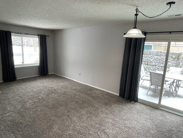 unfurnished room with a textured ceiling and carpet flooring