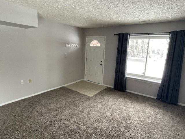 carpeted foyer entrance featuring a textured ceiling