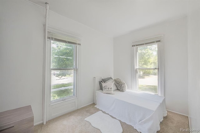 carpeted bedroom featuring multiple windows