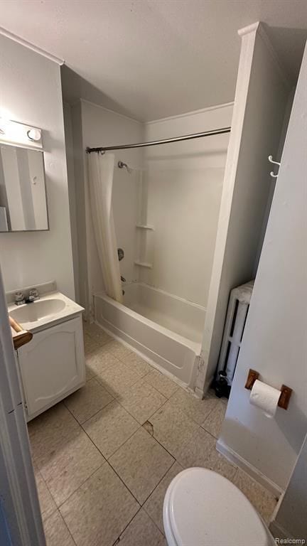 full bathroom featuring toilet, vanity, radiator, shower / bath combination with curtain, and tile patterned flooring