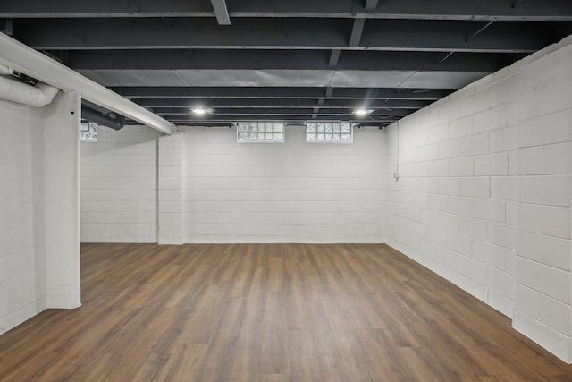 basement featuring dark hardwood / wood-style flooring