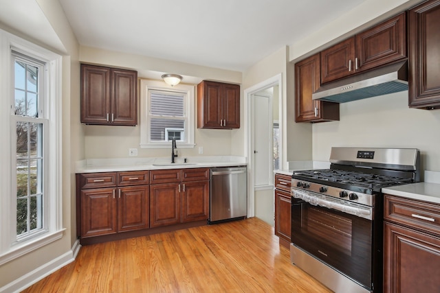 kitchen featuring sink, plenty of natural light, stainless steel appliances, and light wood-type flooring