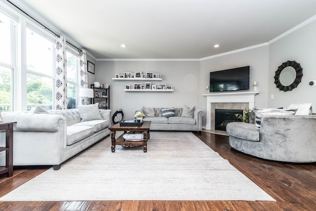 living room with a fireplace, ornamental molding, and dark hardwood / wood-style floors