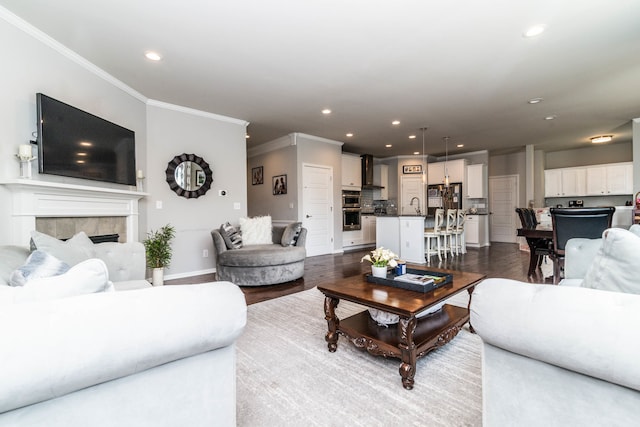 living room with dark wood-type flooring, ornamental molding, a tiled fireplace, and sink