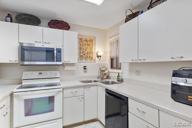 kitchen with white cabinetry, white electric range, and dishwasher