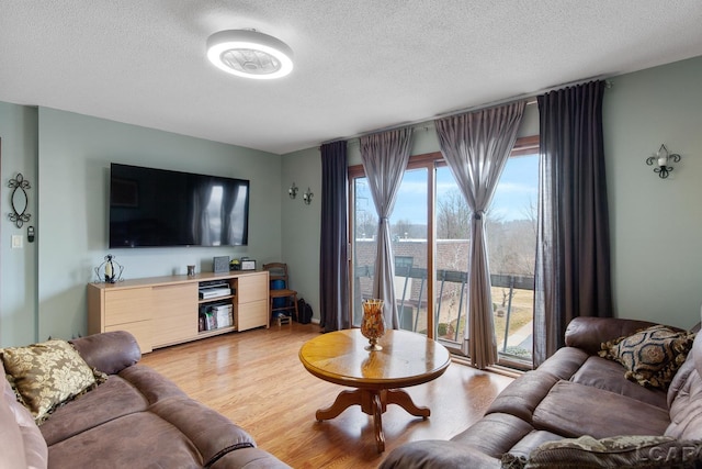 living room featuring a textured ceiling and light wood-type flooring