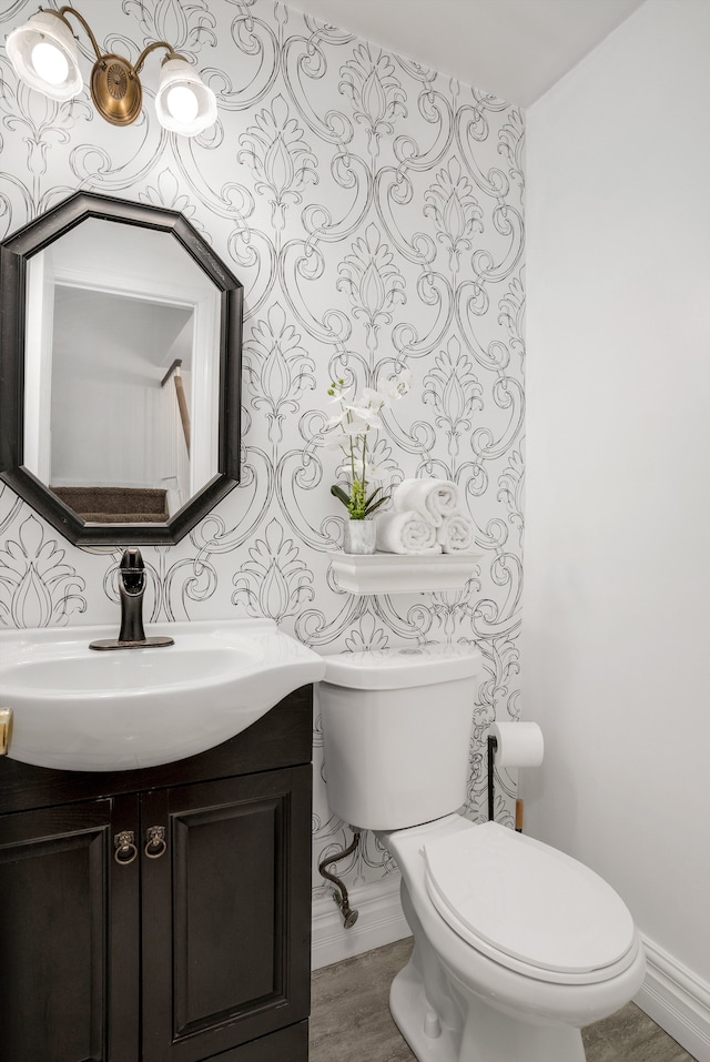 bathroom with vanity, wood-type flooring, and toilet