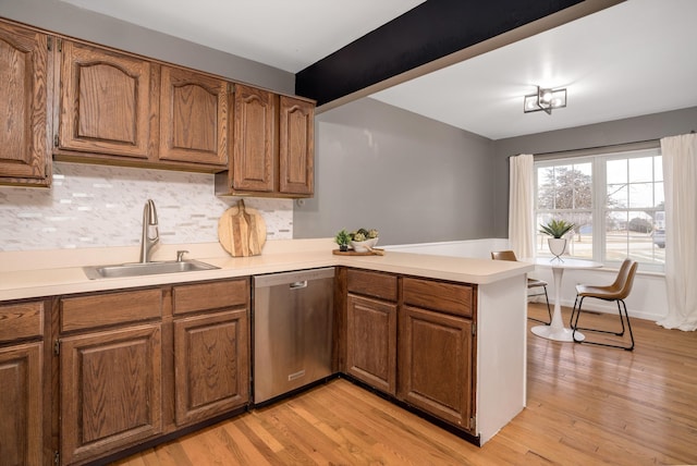 kitchen featuring sink, tasteful backsplash, light wood-type flooring, stainless steel dishwasher, and kitchen peninsula