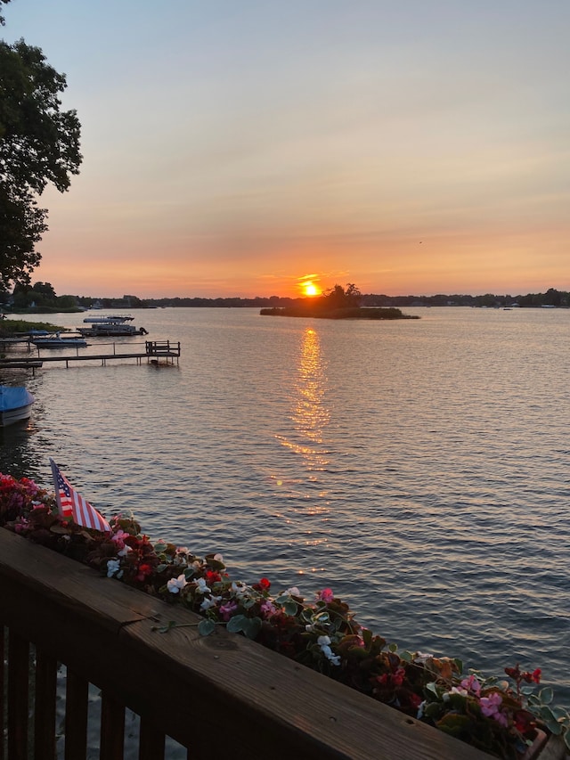 view of water feature with a boat dock