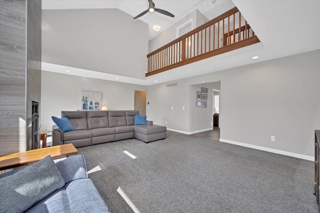 living room with visible vents, a ceiling fan, recessed lighting, carpet, and baseboards