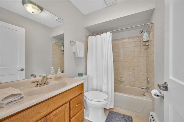 full bath with toilet, shower / bath combination with curtain, tile patterned flooring, a baseboard radiator, and vanity