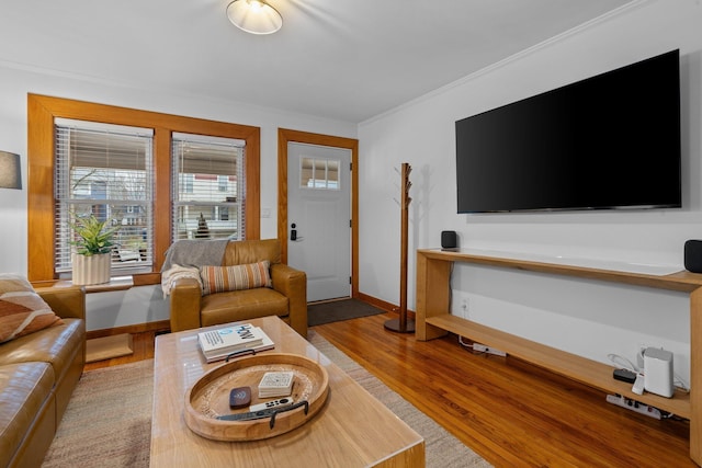 living room featuring hardwood / wood-style floors and ornamental molding