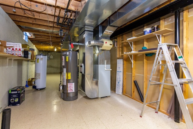 unfinished below grade area featuring tile patterned floors, gas water heater, and heating unit