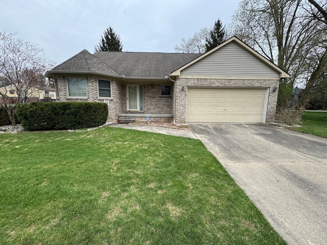 ranch-style house featuring a front lawn, concrete driveway, brick siding, and a garage