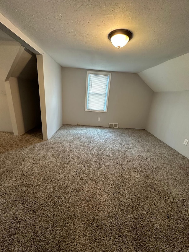 additional living space featuring vaulted ceiling, carpet flooring, and a textured ceiling