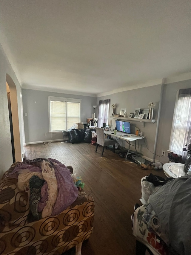 19307 Mansfield St, Detroit, MI 48235 - living area featuring plenty of natural light, arched walkways, and wood finished floors